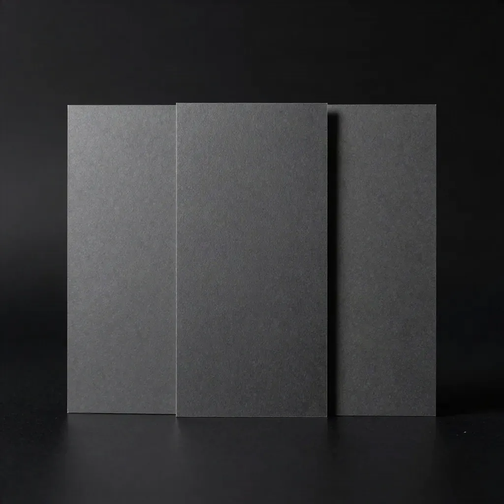 Three blank folio modules aligned in a dark studio with rim light, reflection, and haze.
