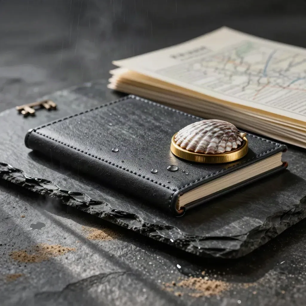 Dark stone folio with droplets and gold-edged paperweight on wet slate, close-up.