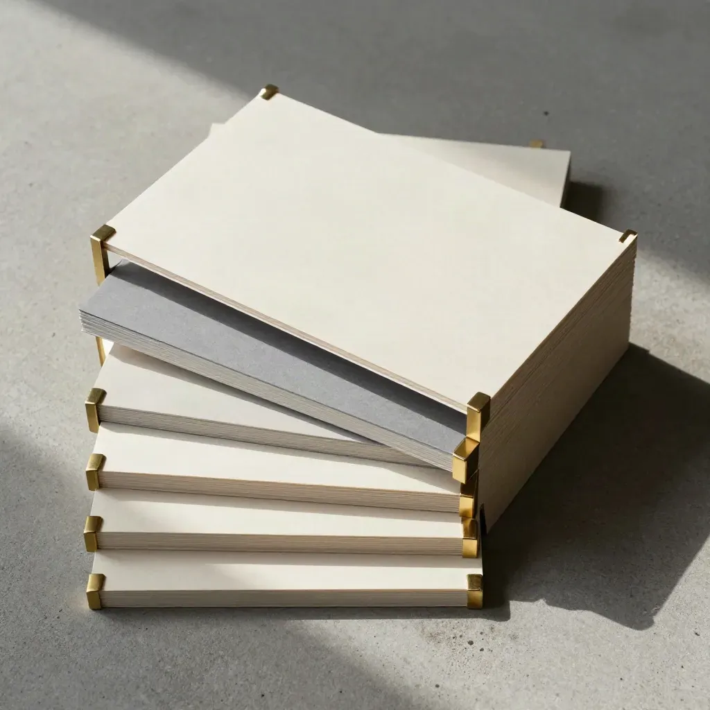 Overhead flat lay of stepped cream and slate folders clipped in brass on concrete.