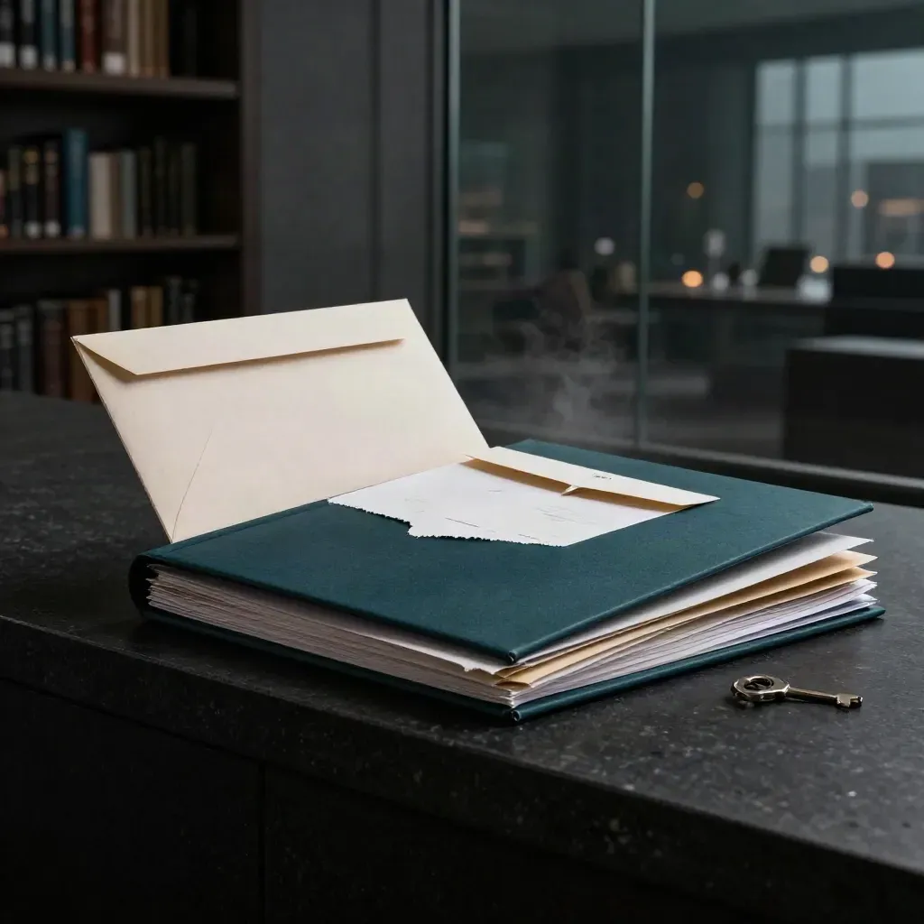 Dark teal folio bundle and torn-edge insert on stone ledge in a dim finance studio